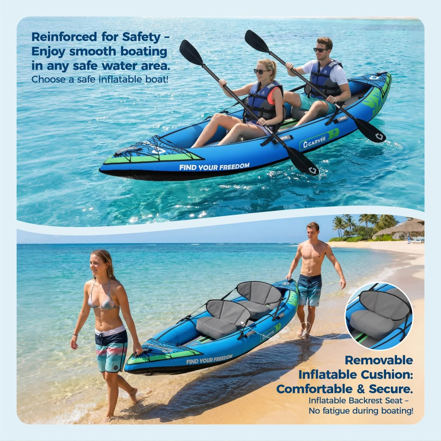 

Надувной каяк для 2 человек, рыболовный каяк, портативный туристический каяк с мягким сиденьем, 3 плавниками, ручным насосом, сумкой для переноски, ремонтным комплектом