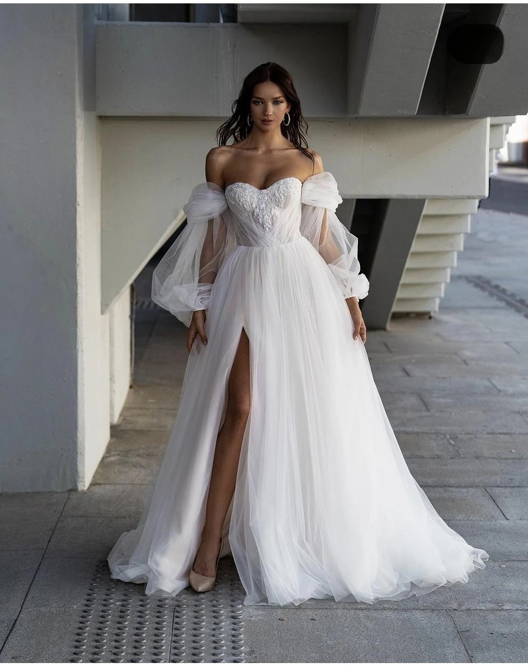 Princess Long Puff  Sleeve Wedding Dress Floor Length Side Slit A-Line Customzie To Measures Robe De Mariee Organza Beading