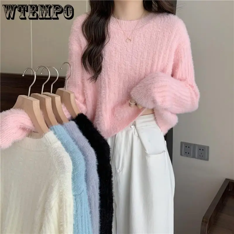 

Короткий свитер для женщин, Свободный вязаный свитер, мягкая верхняя одежда с длинным рукавом, топ на осень и зиму