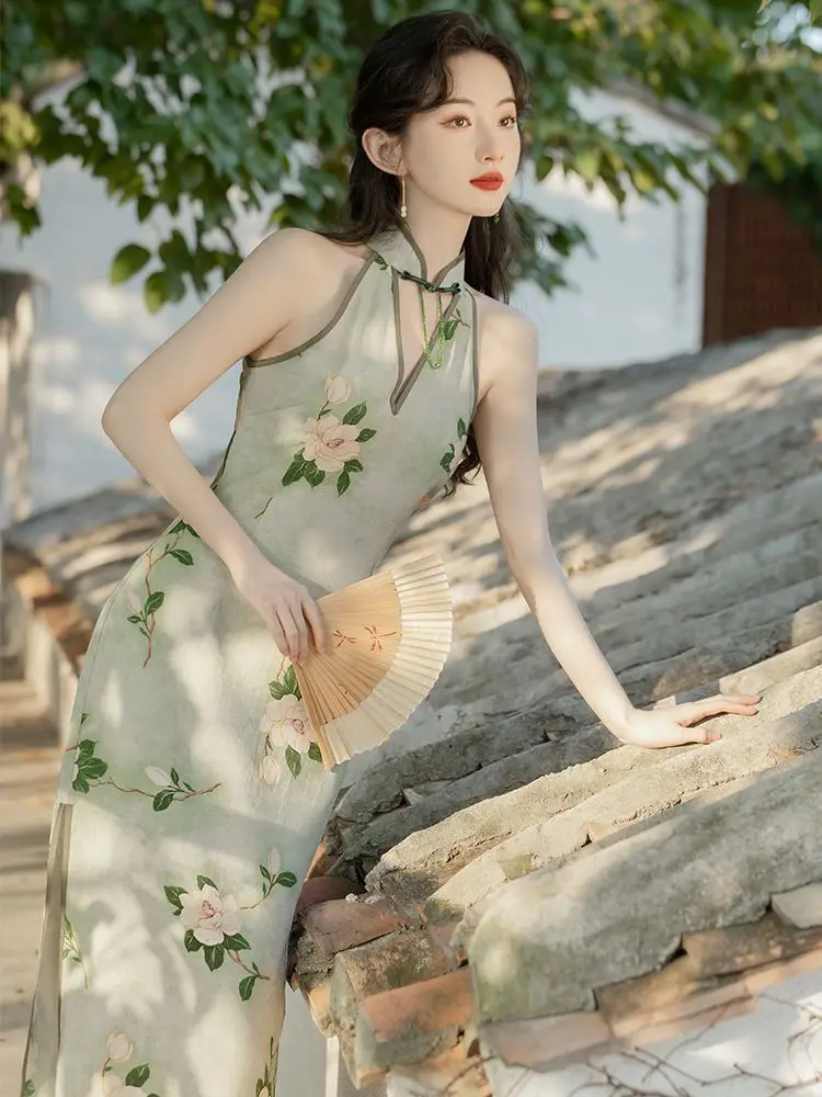 Cheongsam Dress Modern 2024 Women Improved Qipao New Halter Neck Chinese Style Dress Sweet Green Chinese Dress Woman