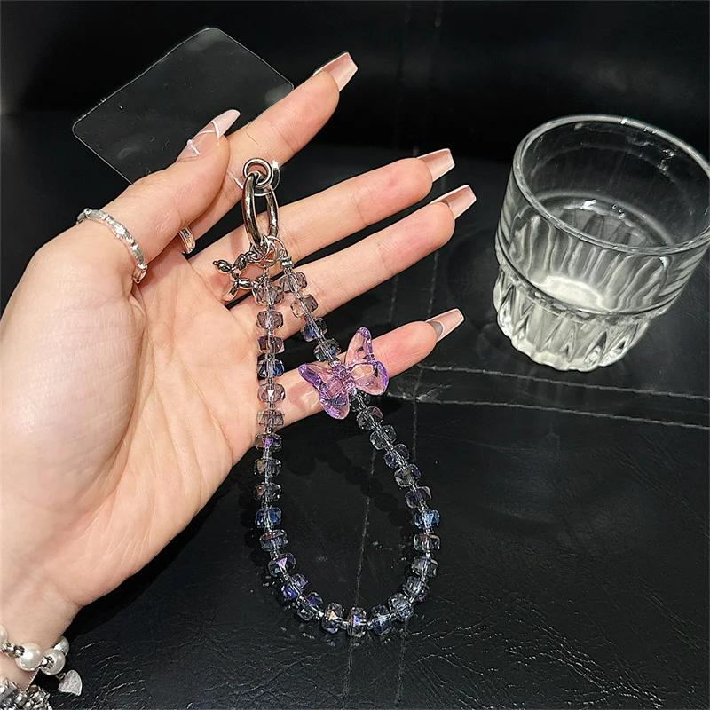 Luxury Colorful Butterfly Crystal Bead Phone Bracelet Strap Charm Chain Knot Cellphone Lanyard Keychain Bag Camera keychain Pend