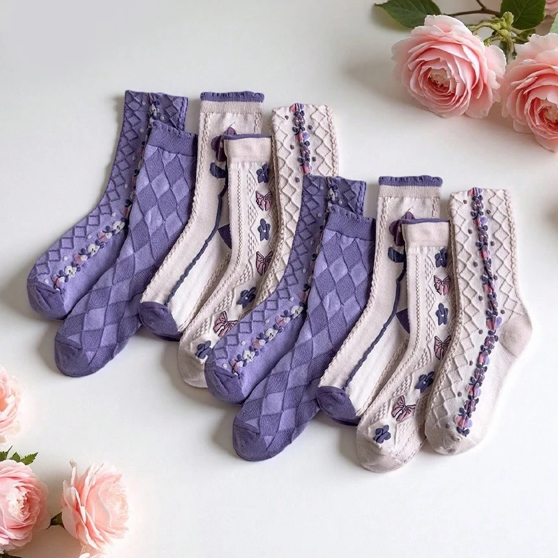 5/10 Paar lila Blumen-Damensocken mit Rundhalsausschnitt, Retro-Harajuku-Schmetterlingsmuster, weiche und bequeme Freizeitsocken
