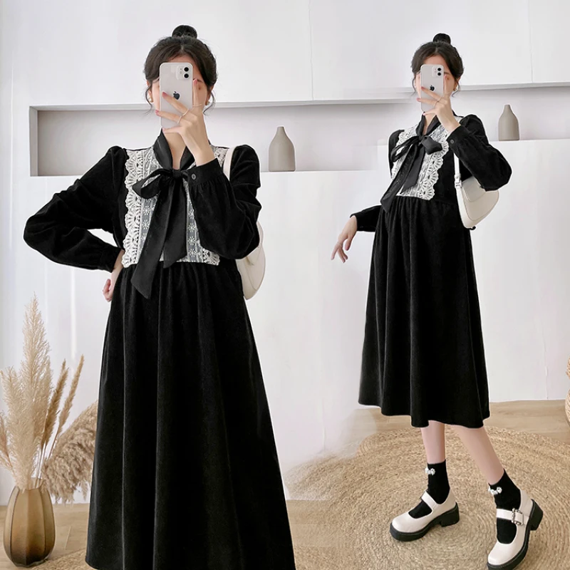 

9886# 2024 Autumn Winter Korean Fashion Corduroy Maternity Long Dress Elegant A Line Loose Clothes For Pregnant Women Pregnancy