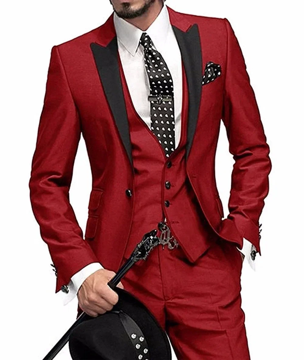 2024 New Arrival Peak Black Lapel Groom Tuxedos Burgundy Men Suits Wedding 3 Pieces(Jacket+Pant+Vest+Tie)traje De Novio Par