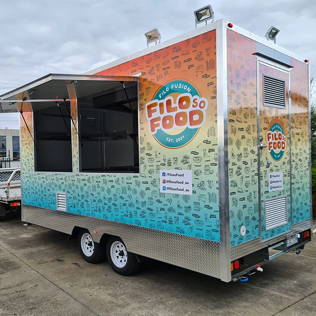 맞춤형 풀 키친 이동식 푸드 트레일러 BBQ 패스트푸드 피자 트럭 턴키 설치 NSF 인증 스테인리스 스틸 조리대 판매