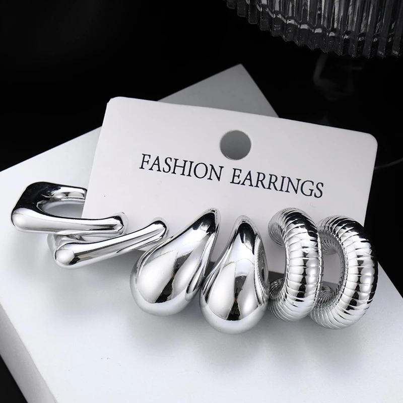 

6Pcs/Set Fashion Glossy Geometric Stud Earrings for Women Punk Gold Silver Color Texture Water Drop Round Earrings Femme Jewelry