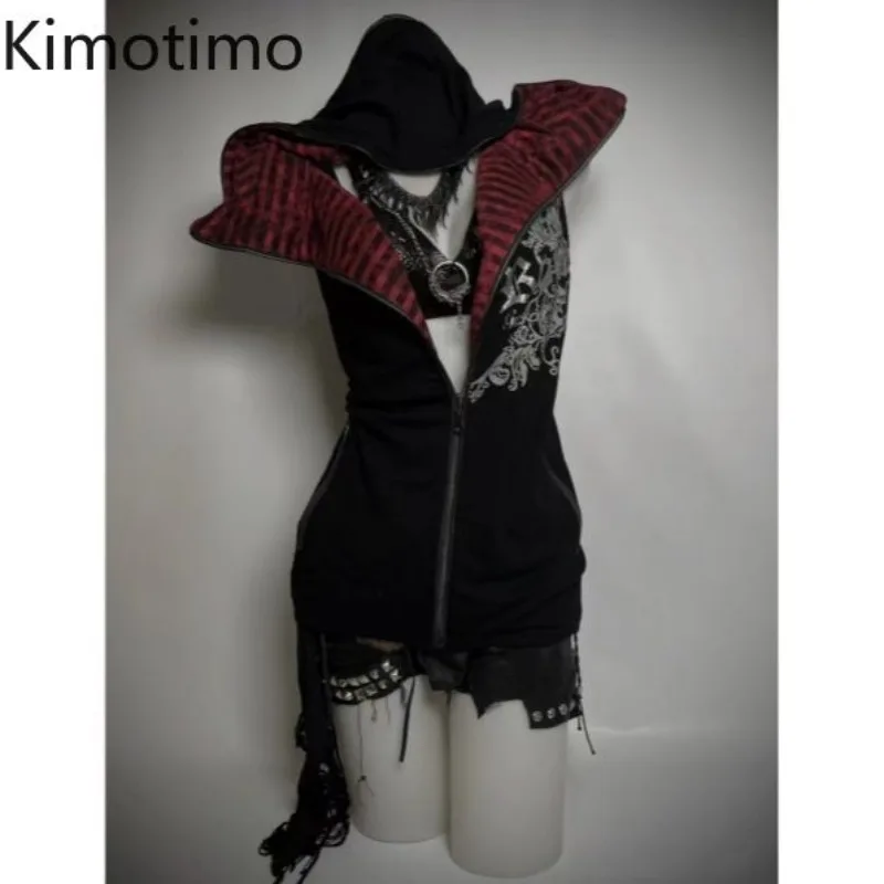 

Kimotimo Punk Vintage Graphic Print Hooded Vest Women Slim Waist Zipper Sleeveless Cardigan Sweatshirts Harajuku Y2k Waistcoat