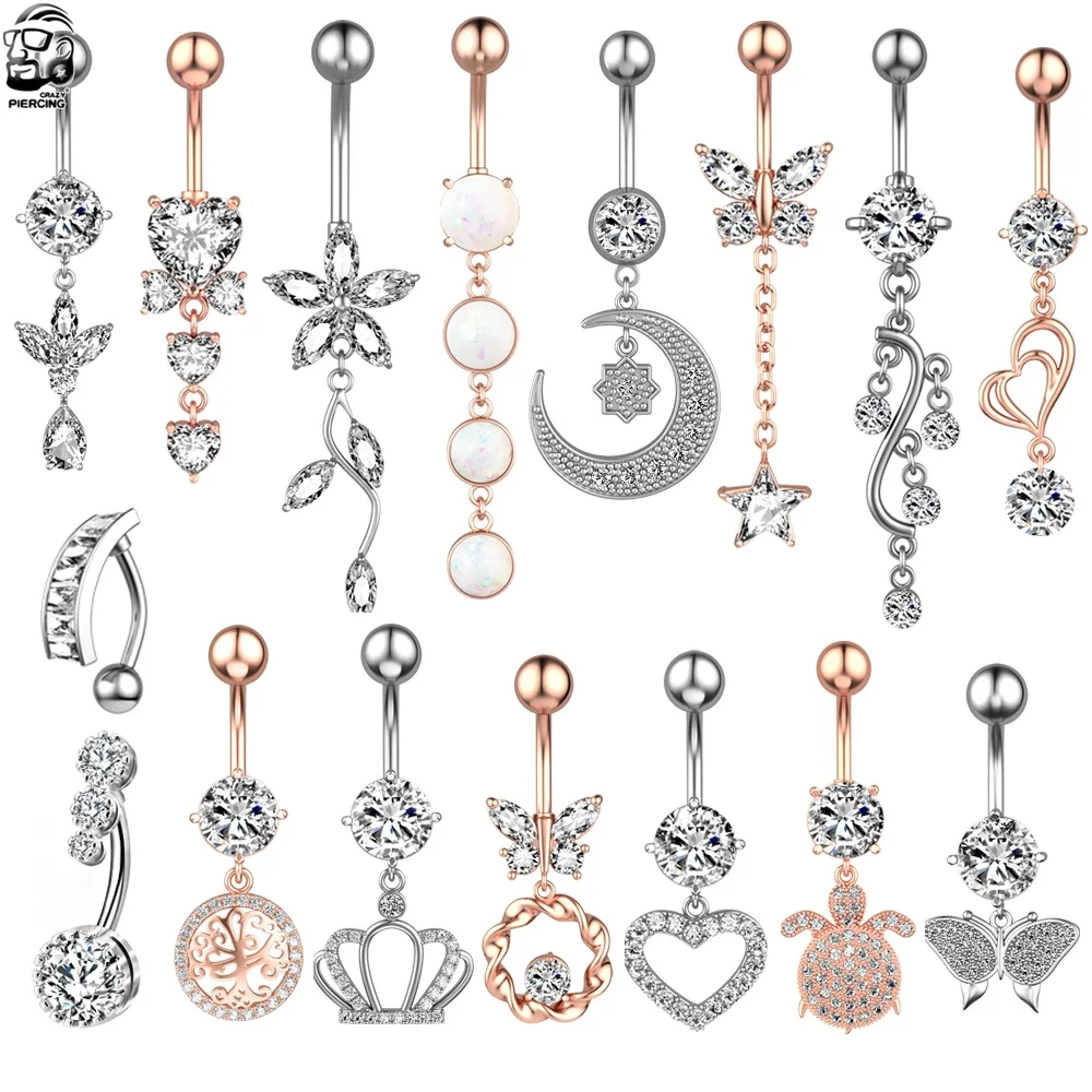 Mixed-Style Crown Butterfly Heart Dangled Belly Button Rings 14G Curved Navel Piercing for Women Stainless Steel CZ Belly Ring