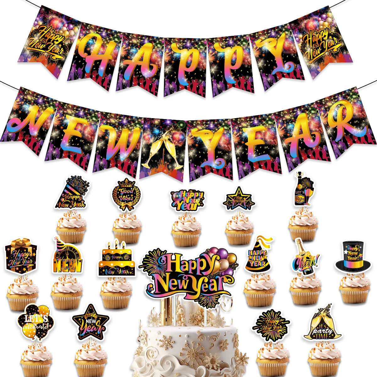 Happy New Year 2025 Banner, Black and Gold Happy New Year Cupcake Toppers Party Supplies, Hanging Bunting Party New Years