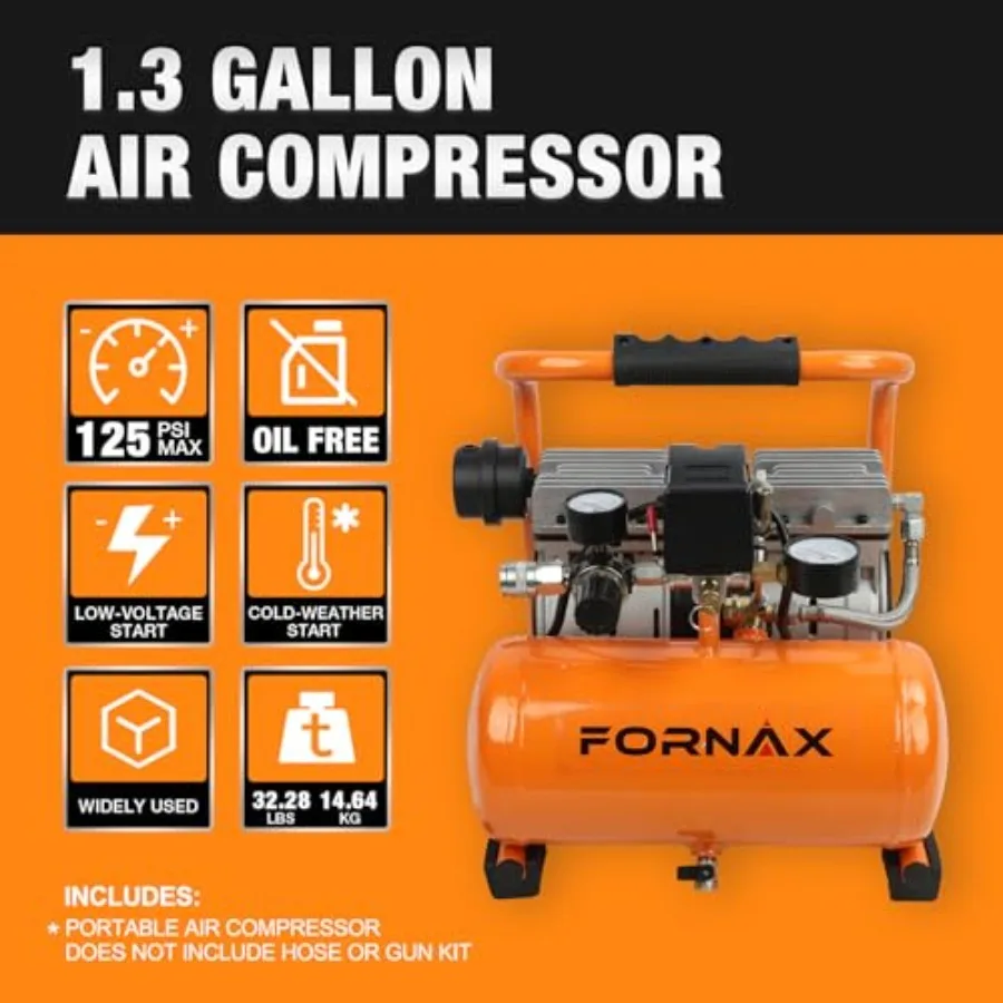 ضاغط هواء فائق الهدوء 1.3 جالون 1HP 65dB ضاغط محمول صامت خالي من الزيت 125 رطل لكل بوصة مربعة بحد أقصى 120 فولت لتضخم الإطارات مسدس مسامير G #5