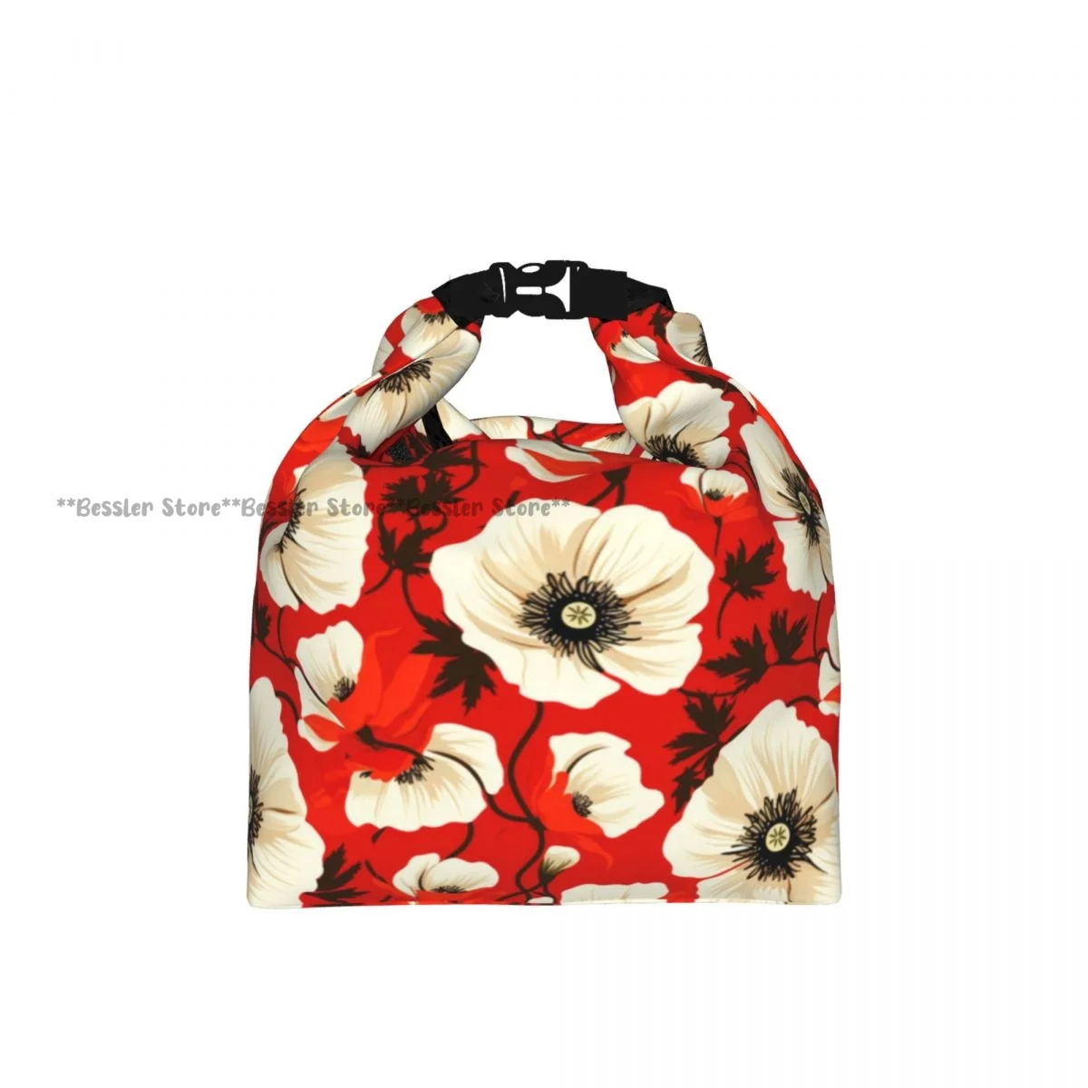 Roll Top Insulated Lunch Bag Poppy Flower Blooms Pattern Thermal Food Storage Bag Portable Bento Handbag for Daily Use