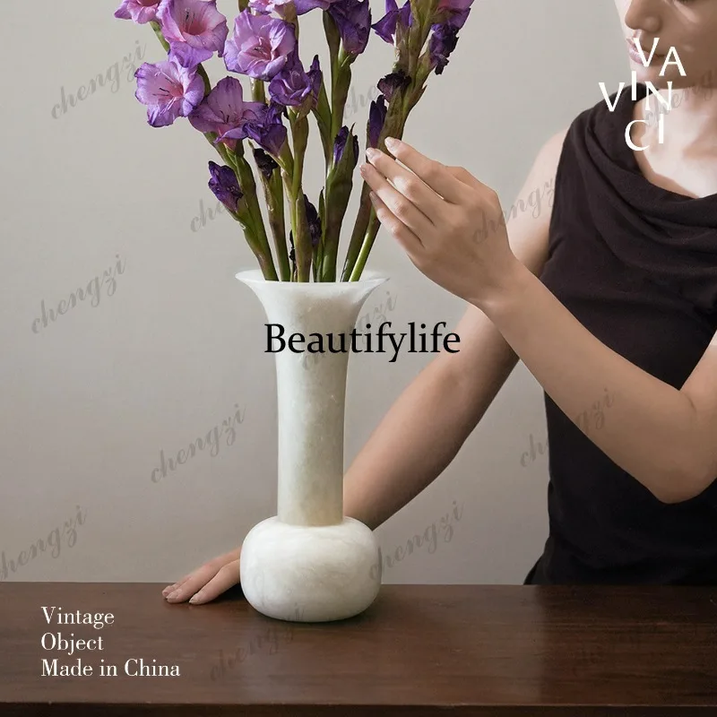 Minimalist natural jade vase ornament light luxury high-end living room white marble flower ware