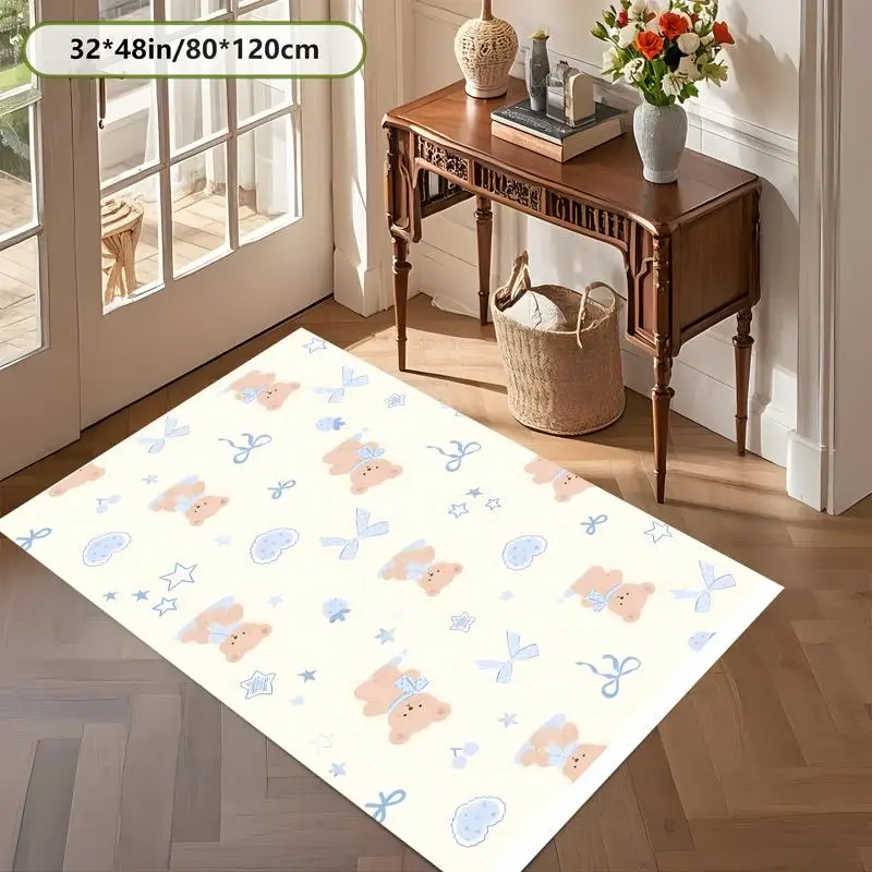 Cream Yellow Bear Bow Star Print Rug Soft Velvet Living Room Bedroom Bedside Decor