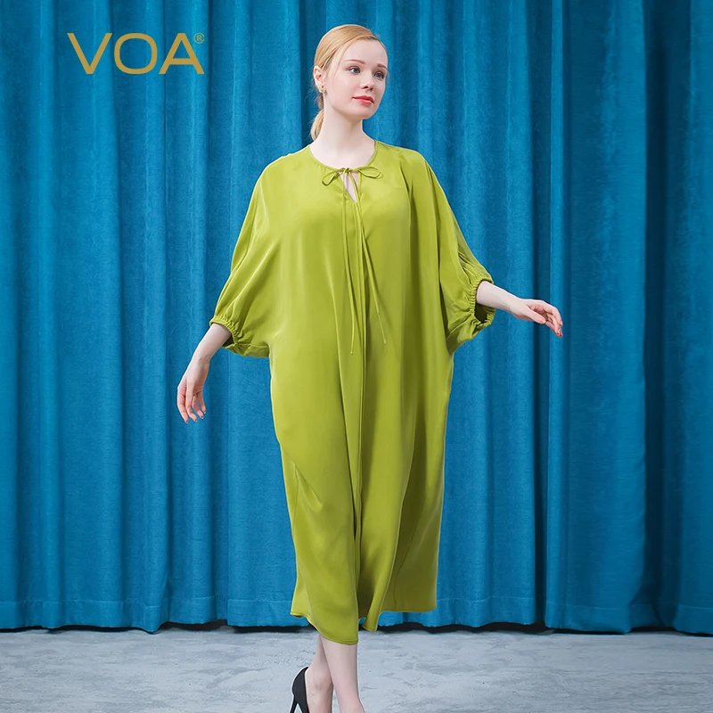 VOA Silk Pickled Pepper Green Casual Women's Dresses O-Neck Three Quarter Lantern Sleeve Oversized Woman Dress Spring 2022 AE898