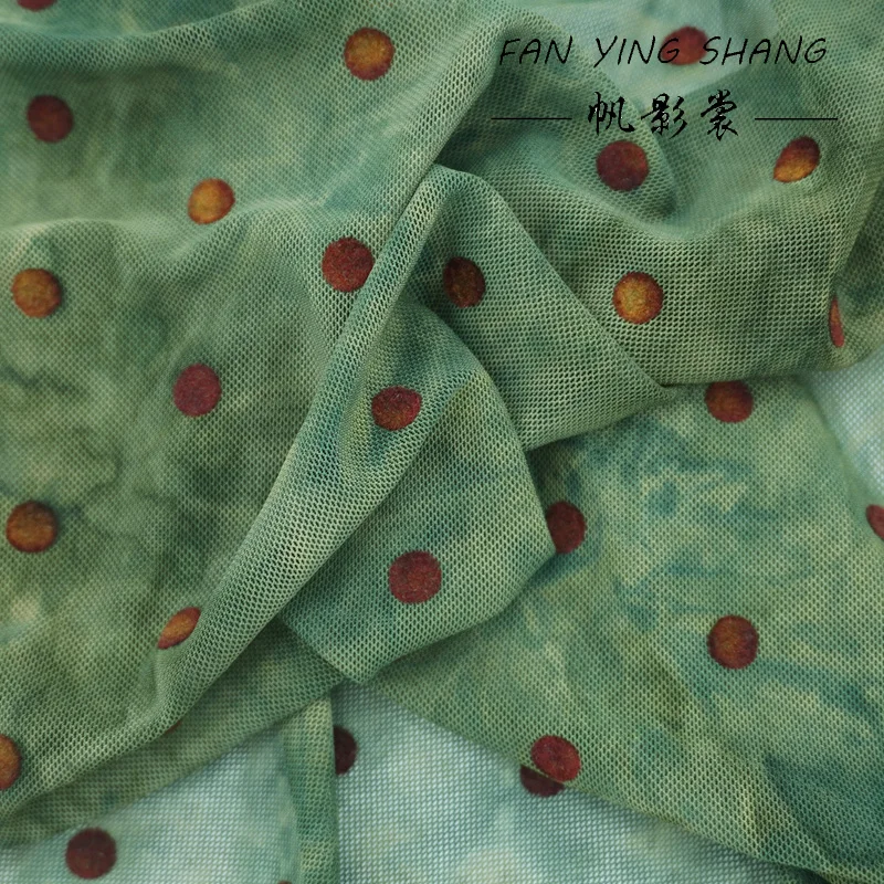 The Green Polka Dot Mesh Tie-Dyeing Flocking Fabric For Dress Telas Para Costura Tissus Couture ткань Cloth Sewing Tecido