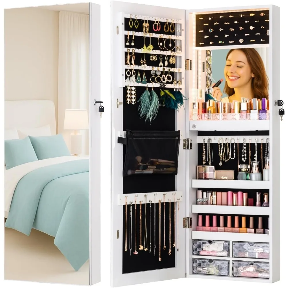 

Зеркало-шкаф для украшений со светодиодной подсветкой, настенное или подвесное, с функцией хранения, встроенным зеркалом для макияжа, на заказ