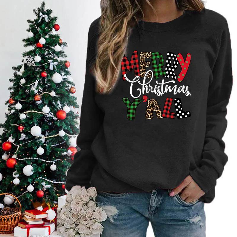 Merry Christmas Y\'all Leopard Sweatshirt Winter Women Xmas Gifts Crew Neck Sweatshirt Casual Graphic Long Sleeve Pullovers