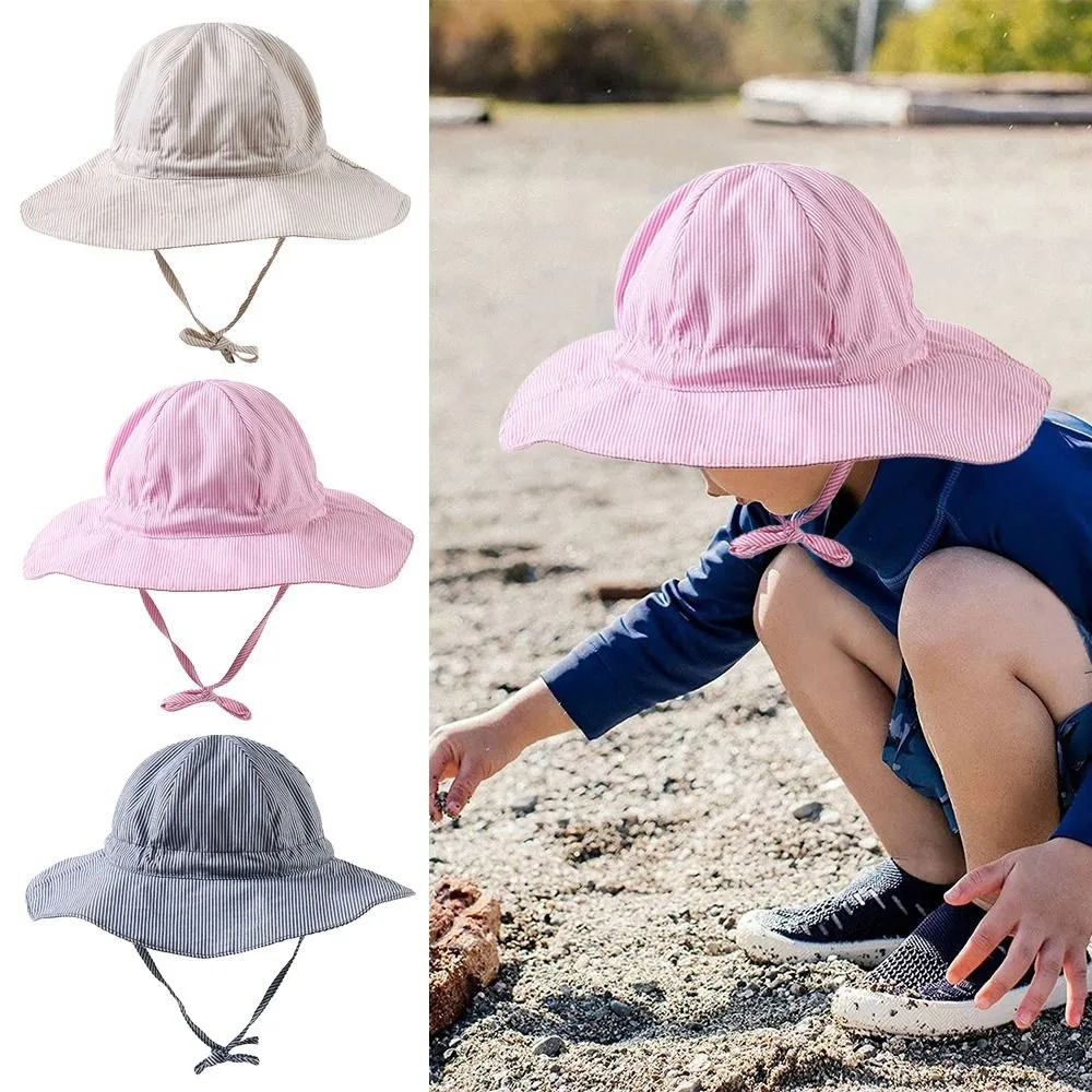 

Cute Striped Kids Bucket Hat Breathable Cotton Baby Sun Hat​​ Wide Brim Sun Protection Beach Hat Boys & Girls