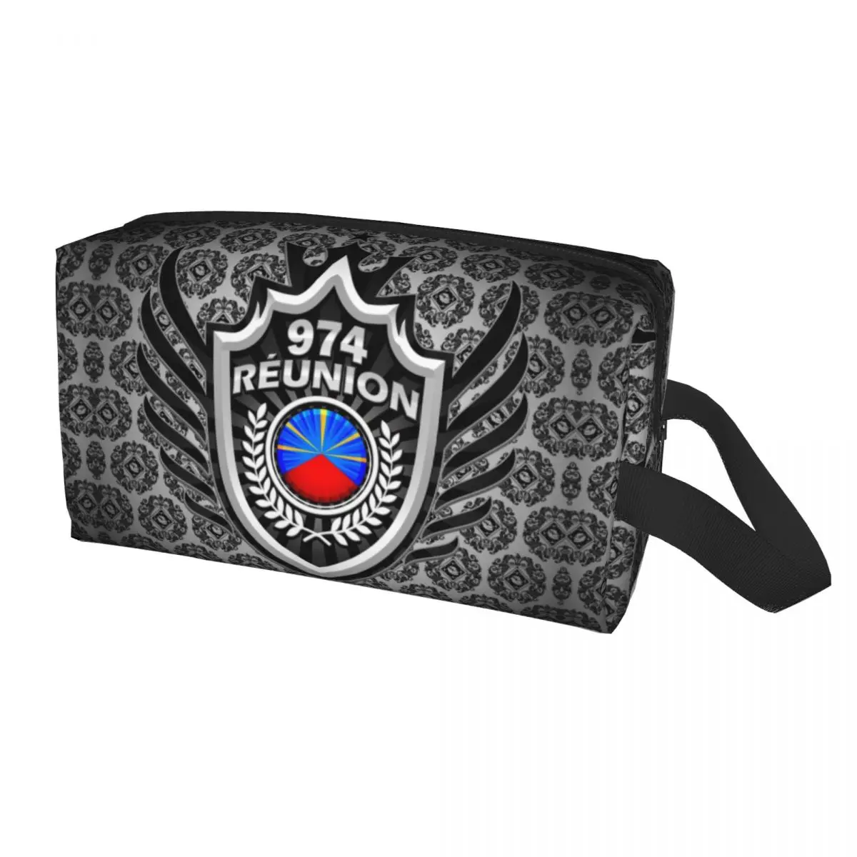 

Custom 974 Reunion Coat Of Arms Toiletry Bag Women Makeup Cosmetic Organizer Ladies Beauty Storage Dopp Kit Box