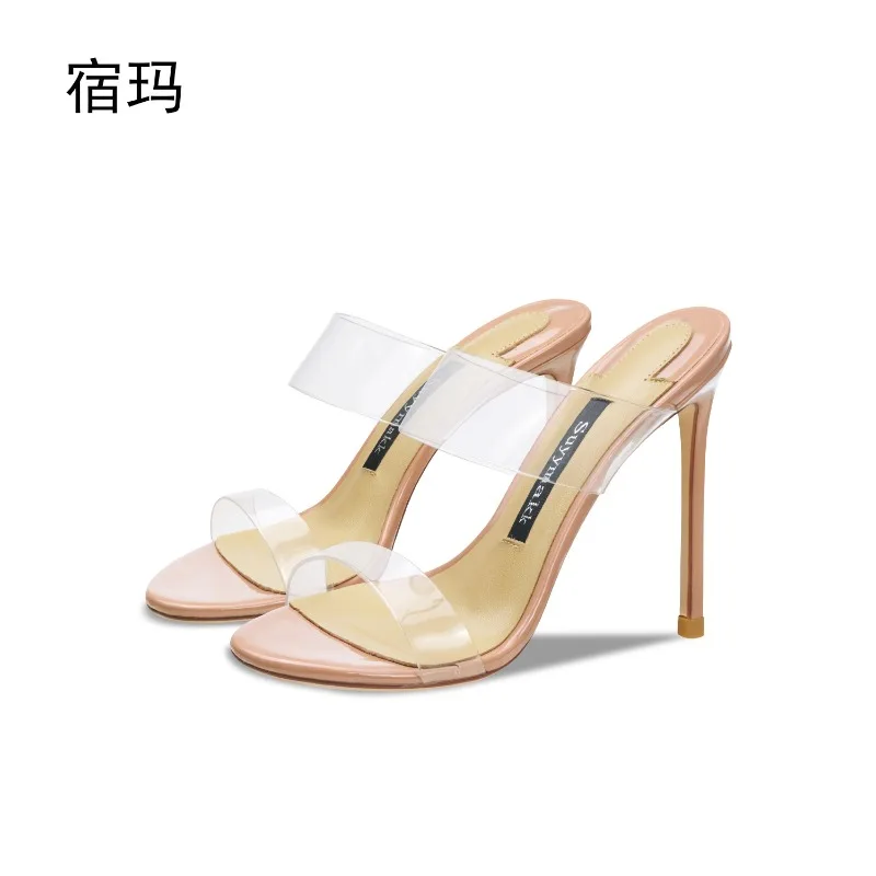 

Transparent nude sandals women's stilettos 2025 new summer wear one-word slippers fairy style high heels