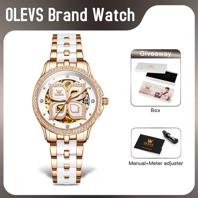 OLEVS 6612 Women Watch Original Luxury Brand Mechanical Watch Ceramics Strap Waterproof Four-leaf Clover Dial Watches For Women