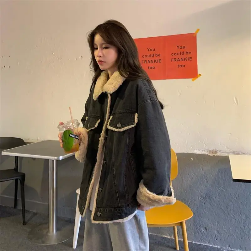 

Denim Coats Woman Oversize Fur Plush Womens Winter Fitted Sweet Girl Urban Office Quick-Drying Lined Hooded Patchwork Standneck