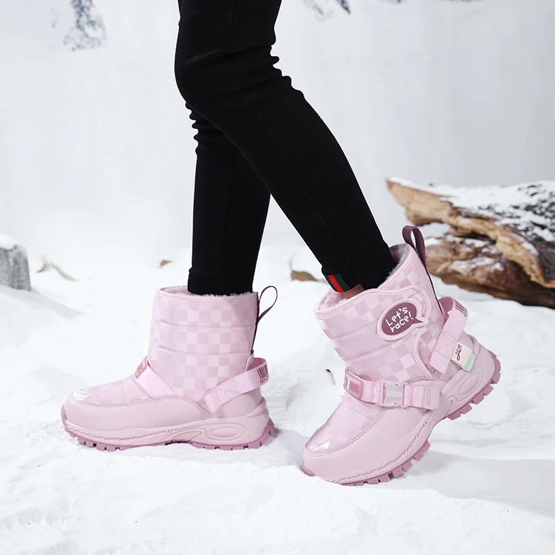 Boy's Girl's Winter Warm Plush Lining Non-Slip Snow Shoes Ankle Flat Waterproof Outdoor Durable  Fur Snow Boots for Kids