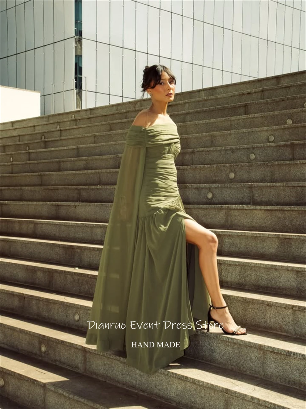 Dianruo-vestido De noche con abertura lateral, color verde oliva, línea A, Vestidos fluidos De fiesta con hombros descubiertos, Vestidos De gasa De Gala personalizados