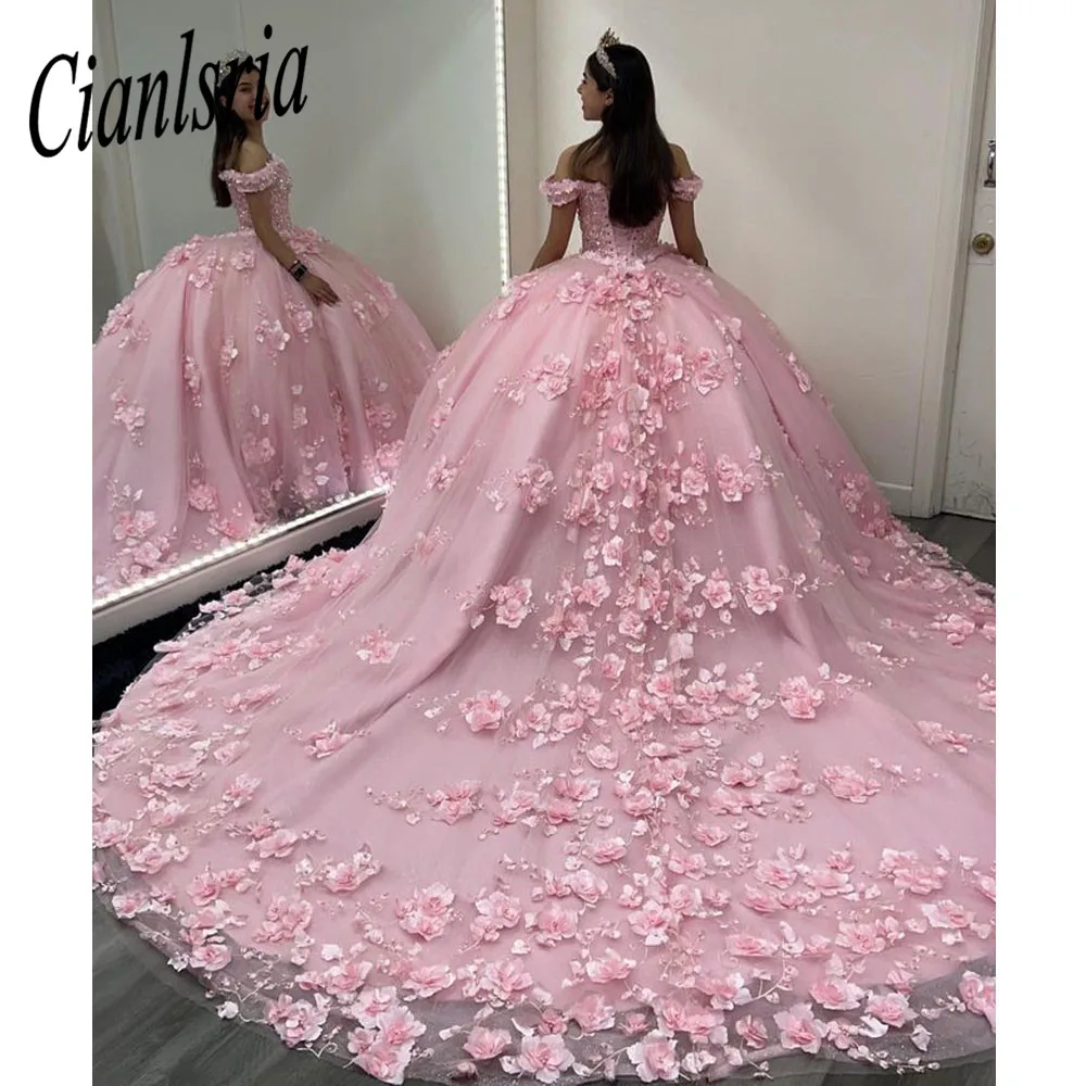 Vestido de baile de quinceañera con flores en 3d, romántico, con hombros descubiertos, cuentas de encaje, largo, 16, 2022