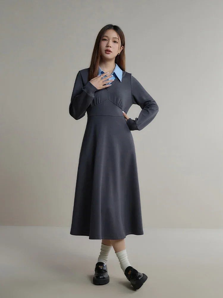 DUSHU All-match Casual Needle Shuttle Fake Two-piece Dress for Women Winter Chic Polo Collar Vertical Cut Waist A-Line Dress