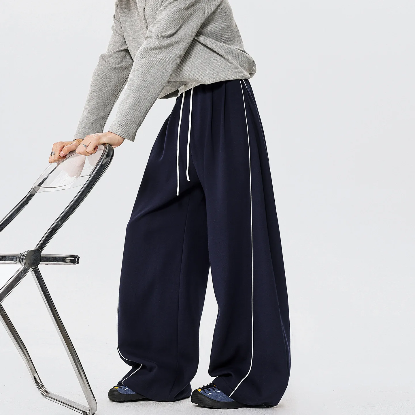 American Style Casual Pants Men's Loose Fit High Waist Drawstring Color Block Long Trousers Summer Fashion Trend Straight Leg