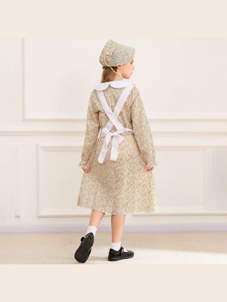 

Детский желтый фартук Dr с цветочным принтом, костюм пионера, колониальный наряд прерии на Хэллоуин, полиэстер, молодежный до 7 лет