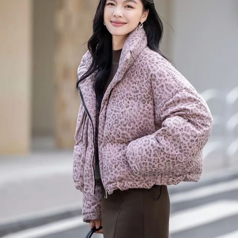 Leopard Print 90% Down Feathered Women's Jacket Winter Short Fashion Stand Collar Loose Warm Thicken Coats 2025 Lady Outwear