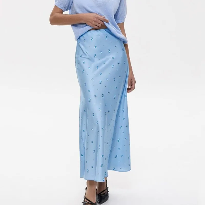 Talenza Satin Printed Long Skirt Summer Women Fashion High Waist A-Line Skirt Casual Office Lady Elegant Female Printed Skirt