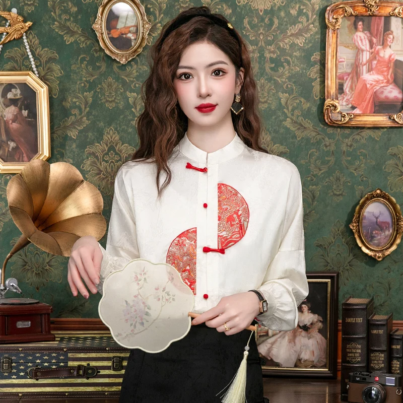 New 2024 Spring Women Shirts & Blouses Chinese Buttons Chinese Style Long Sleeve White Blouses Women Jacquard Elegant Top Mujer