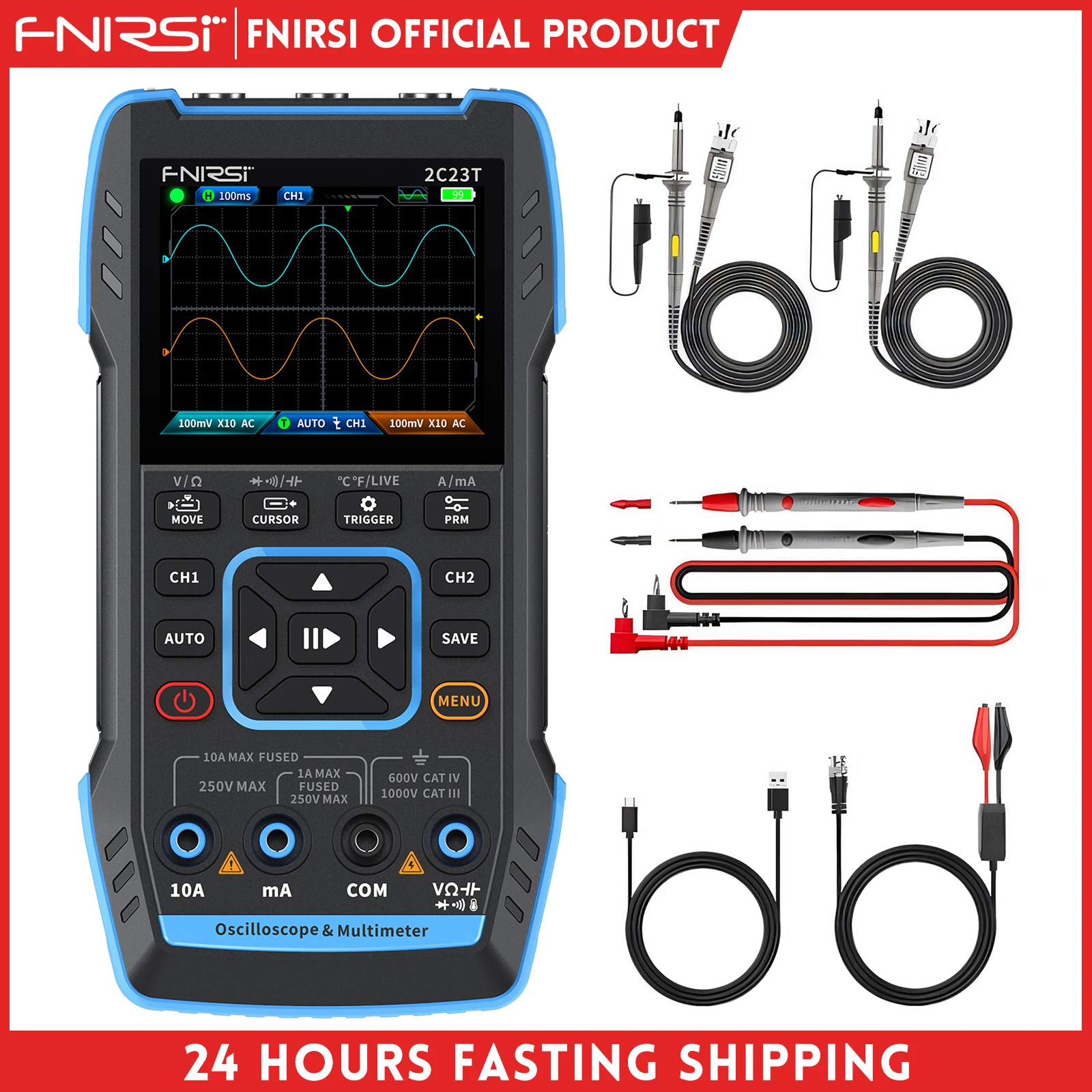 

FNIRSI 2C23T PLUS 3IN1 Dual Channel Digital Oscilloscope Multimeter Signal Generator 10MHZ*2 50MS/s AC DC 1000V 10A T-RMS