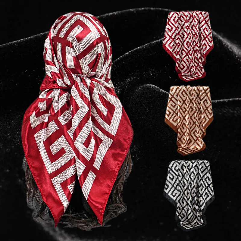 Geometric Greek key satin square scarf 90cm faux silk hair wrap women luxury style red white geometric scarf with red border