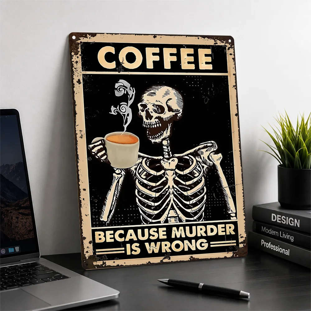 Skeleton Coffee Murder Quote Printed Poster Vintage Cartoon Wall Art For Kitchen Customized Aluminum Metal Sign Barista Gift