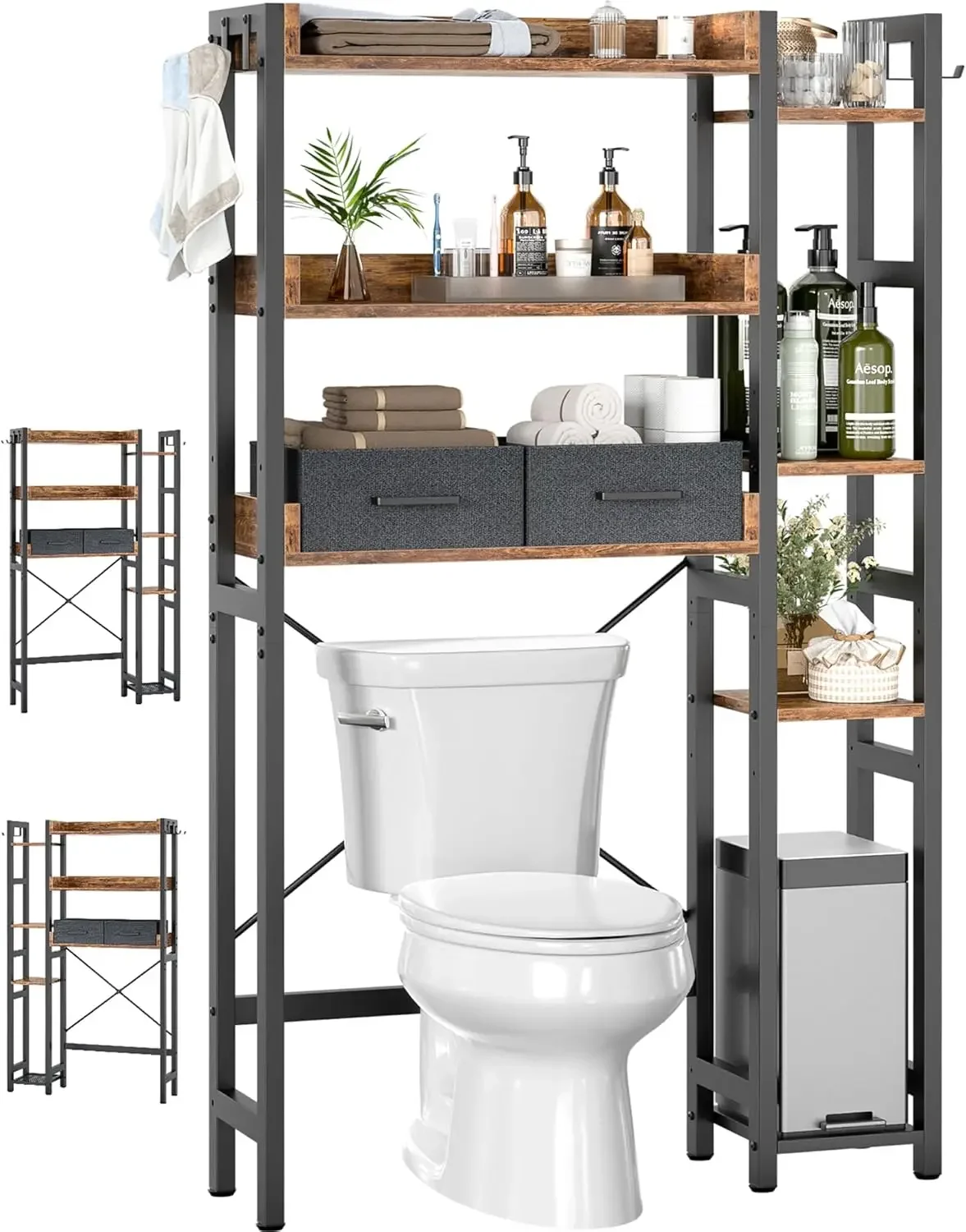 

Over The Toilet Storage with 2 Drawers - 7 Tier Bathroom Organizer with Adjustable Shelf, Freestanding Space Saver Storage Rack
