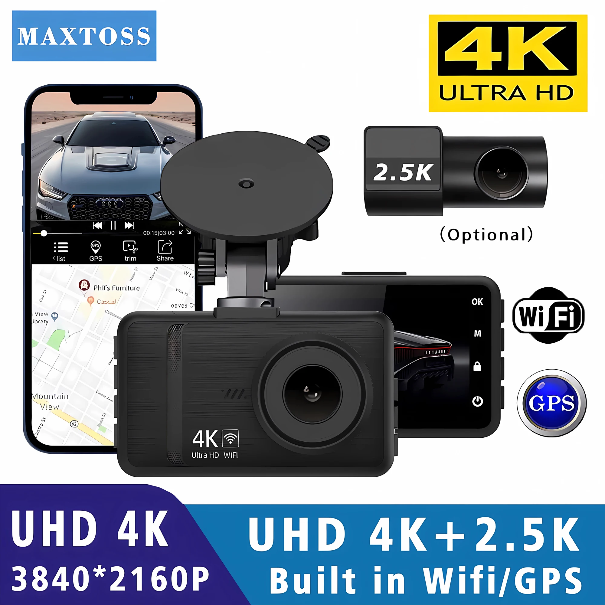 

4K 2160P Видеорегистратор WIFI GPS Мини-автомобильный видеорегистратор спереди и сзади 2,5K Двойной объектив Черный ящик Комнатная камера Ночное видение 24H Монитор парковки