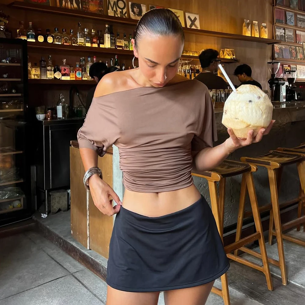 

Tuularose Solid Ruched Vest Top Women's Slanted Shoulders Short Sleeve Pullover T Shirt Lady Fashion Office Lady Slim Top Women