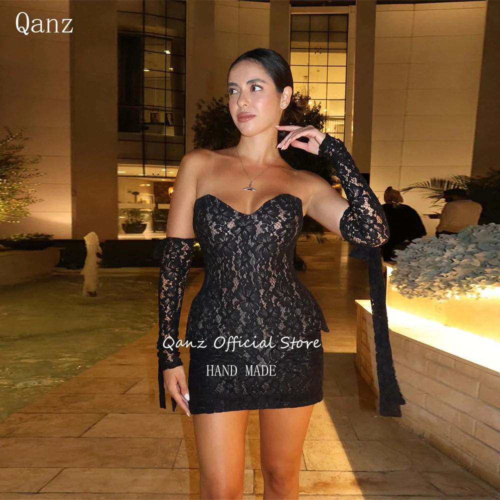 

Qanz Sexy Mini Prom Dresses Sweetheart 2-piece Black Lace Elegant Dresses For Special Event Half Sleeves Party Gown Customized