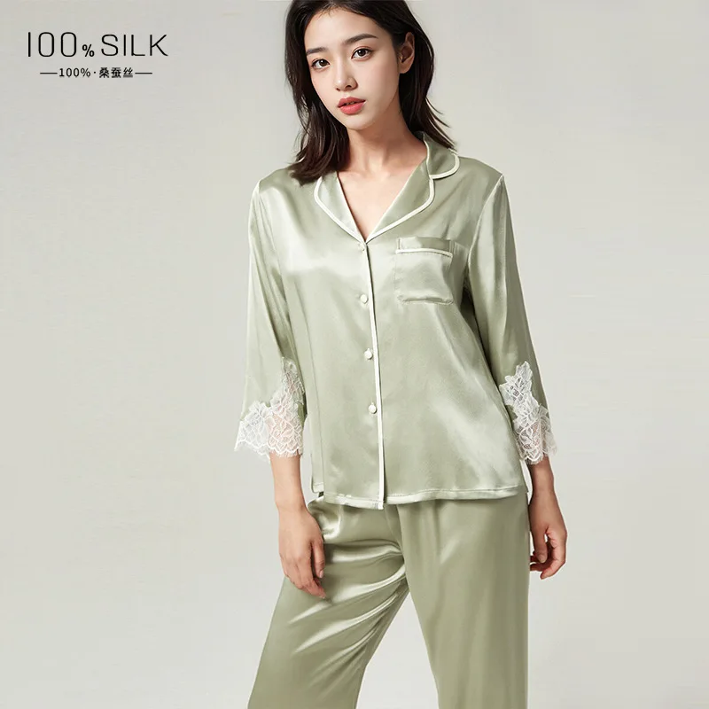 

Fashion 100% Mulberry Silk Pajamas Women 19Momme Heavy Silk Mid Sleeve Set Elegant Outdoor Wear Spring Autumn Loungewear