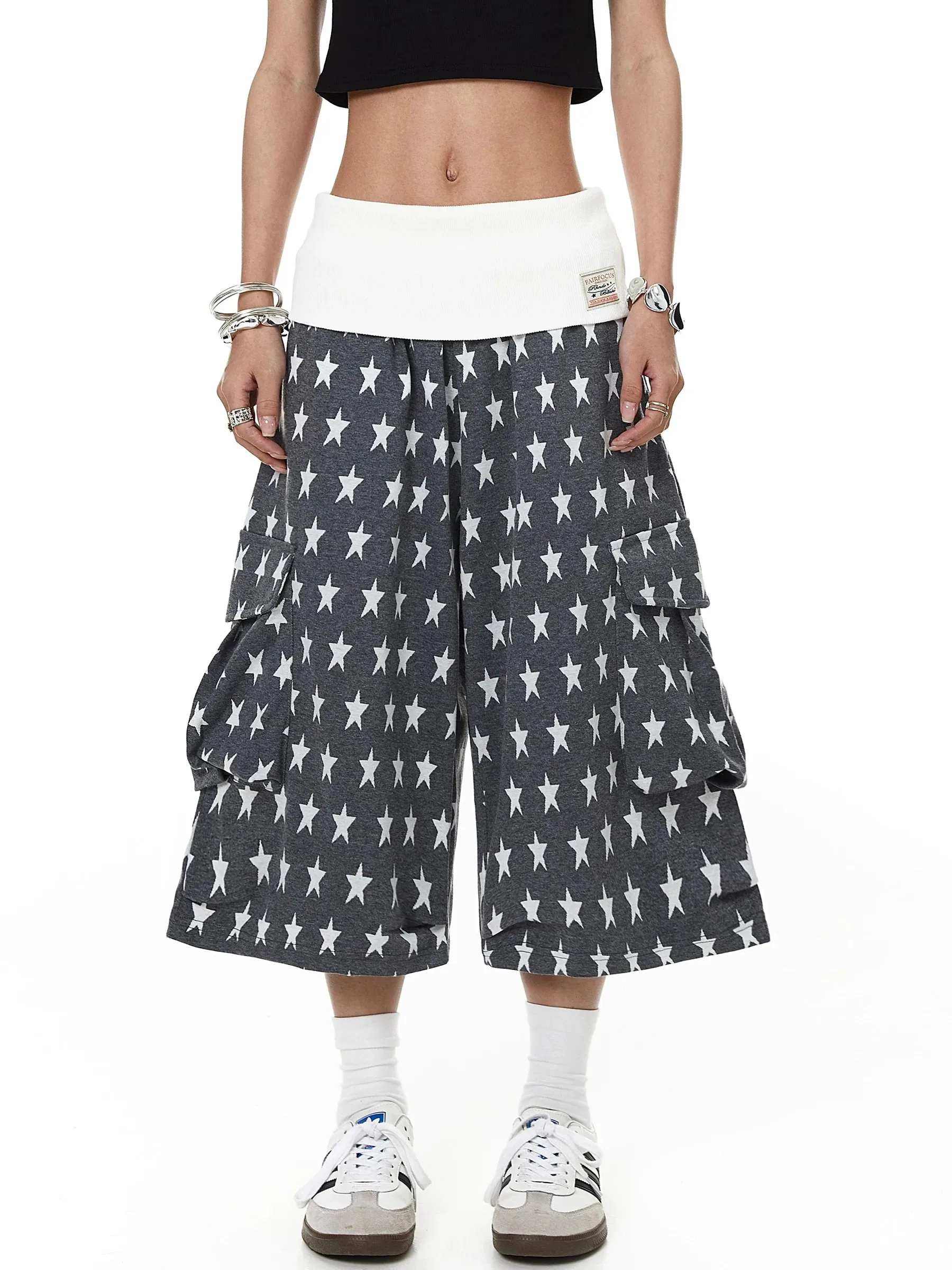 American Style Color Block Waist Flip Star Print Seven-Foot Sweatpants Unisex Summer Retro Multi-Pocket Work Short Pants