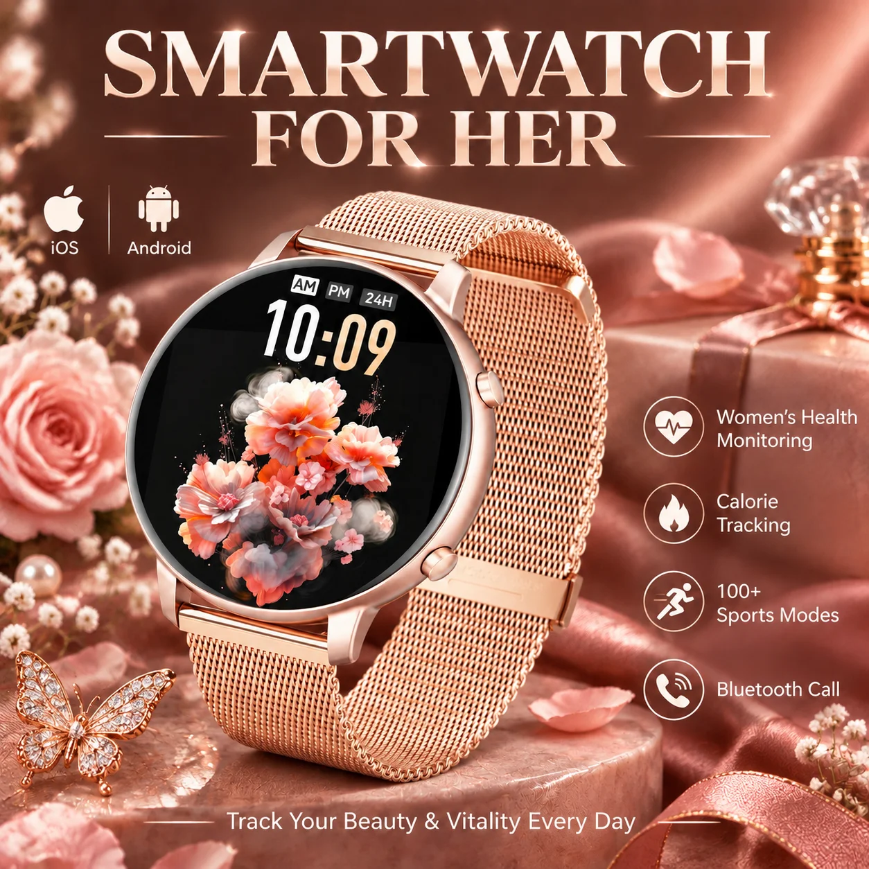 Orologio Intelligente Donna Affordable‑Luxury 1,39″ Touch HD, Chiamate Bluetooth, Salute femminile, IP67 Impermeabile, Fitness tracker, quadrante personalizzabile, Android iOS, regalo compleanno San