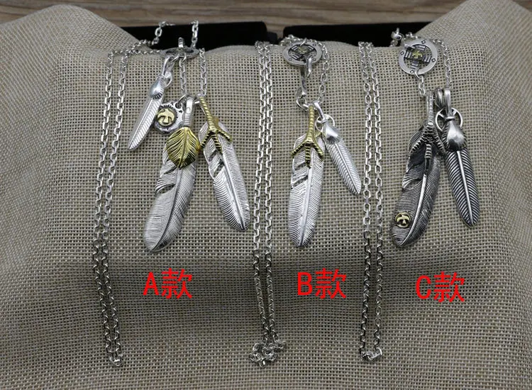 Pure Thai Silver Jewelry Sweater Chain Female Japanese Eagle Claw Feather Pendant Necklace Long Male