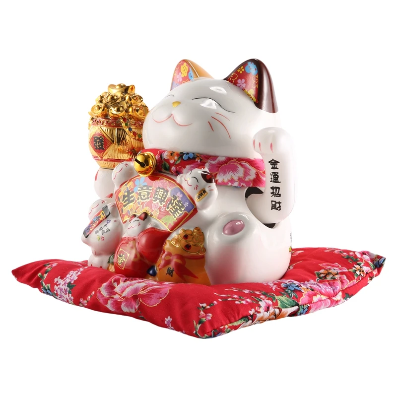 7Inch Ceramic Beckoning Cat Maneki Neko Ornament Feng Shui Decoration Swing Lucky Cat