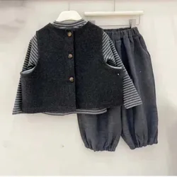 Boys Girls' Clothing Set Wool Vest+Long Sleeve Striped Bottom Shirt+Casual Pants Autumn/Winter New 3Pcs Korea Siblings Suit