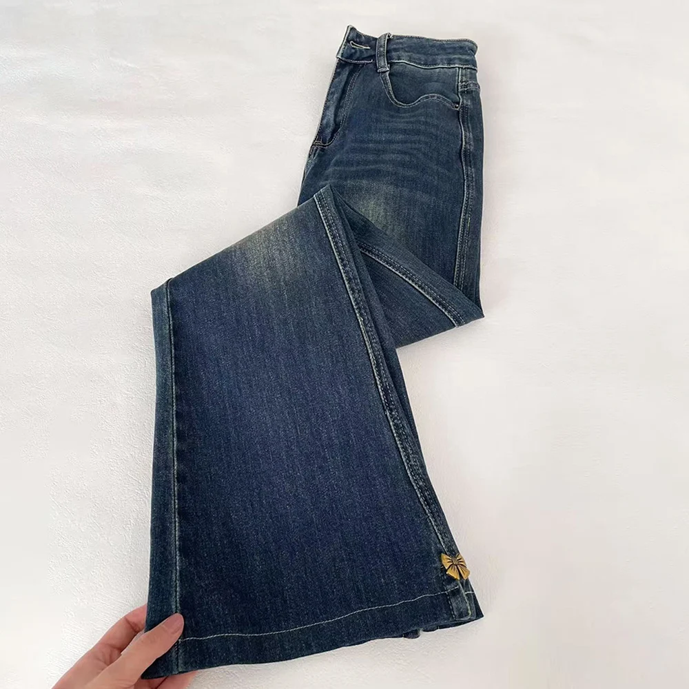 Oversized Split Flared Denim Pants Women Fashion Bow Design High Waist Slim Dark Blue Jeans Spring Autumn Bell-bottoms Trousers
