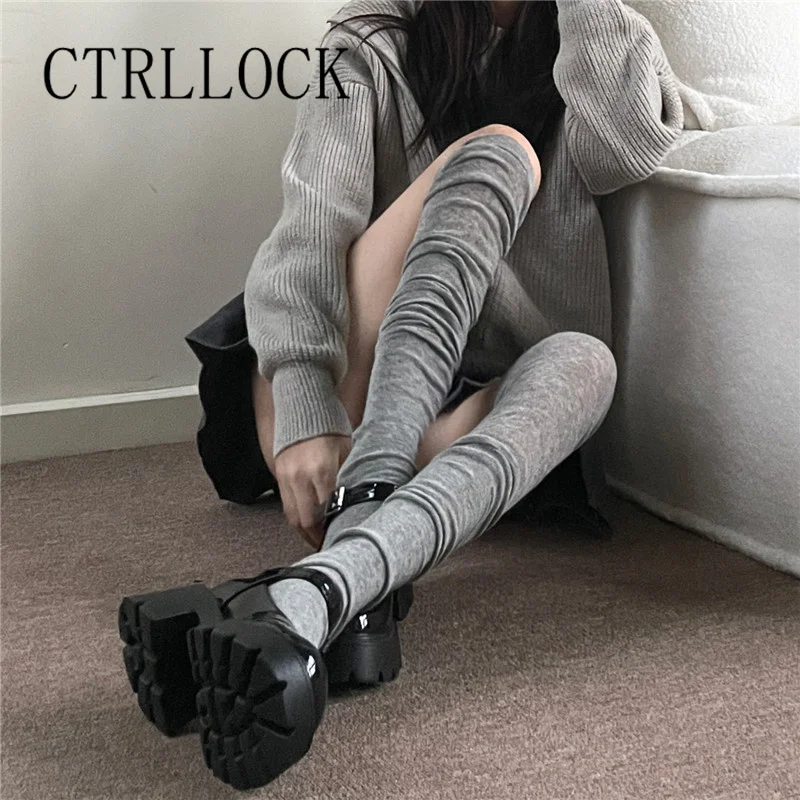 CTRLLOCK Techwear Stretchy Pleated Over Knee Stockings Women Casual Solid Color Long Tube Socks Ninja Style